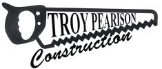 Logo of Troy Pearson Construction with a silhouette of a head and saw blade on a white background