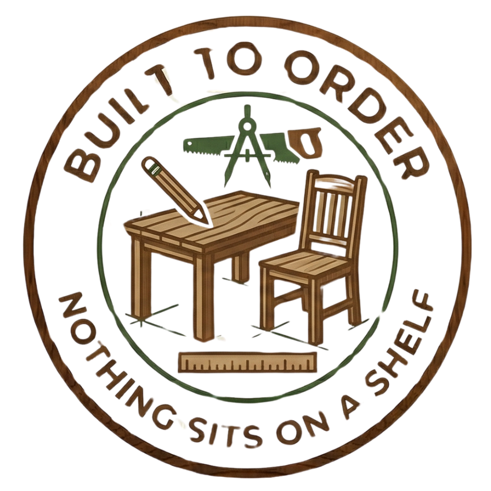 Logo with wooden furniture and tools, featuring text 'Built to Order, Nothing Sits on a Shelf'.