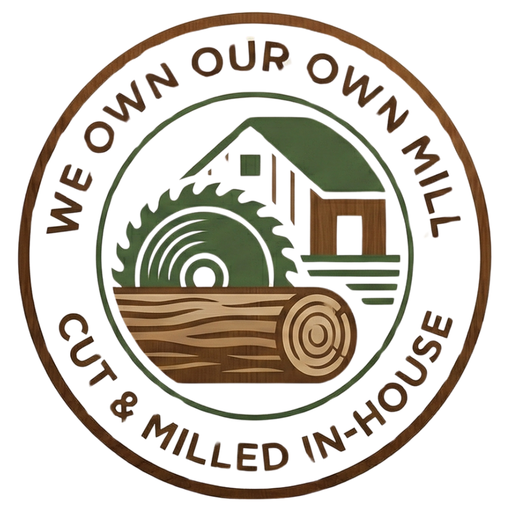 Logo with a mill, log, and sawmill imagery on a white background