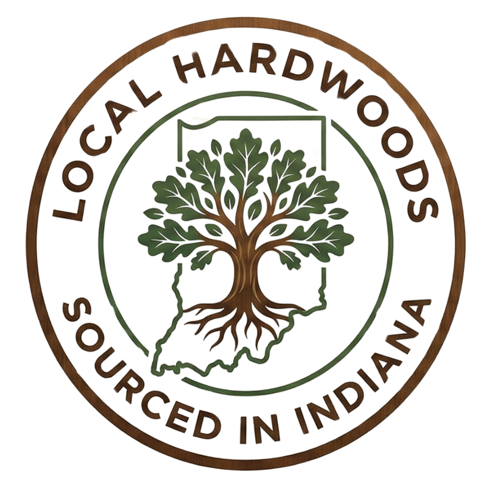 Logo for 'Local Hardwoods Sourced in Indiana' with an image of a tree and state outline.